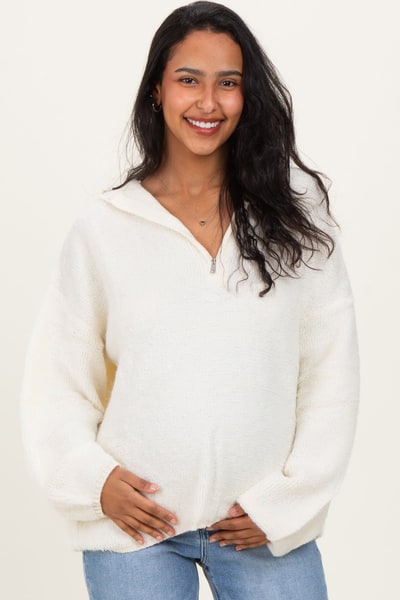 PinkBlush Cream Half Zip Hoodie Maternity Sweater