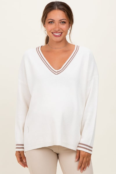 PinkBlush Ivory Deep V-Neck Border Stripe Maternity Sweater