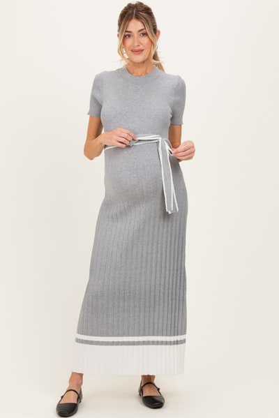 PinkBlush Heather Grey Knit Pleated Sash Tie Maternity Midi Dress
