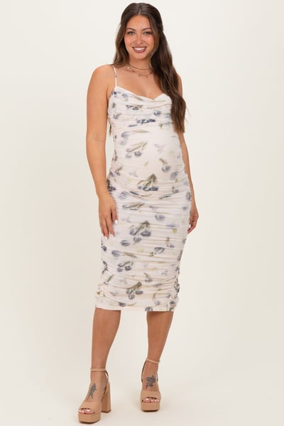 PinkBlush Cream Floral Mesh Ruched Maternity Midi Dress