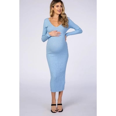 Target Pinkblush Light Blue V-Neck Long Sleeve Fitted Maternity Maxi Dress Small