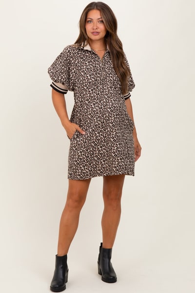 PinkBlush Taupe Animal Print Quarter Zip Puff Sleeve Maternity Mini Dress