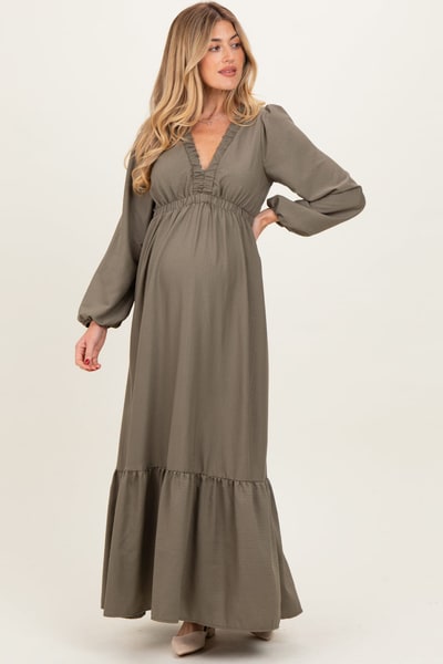 PinkBlush Forest Green Long Sleeve V-Neck Tiered Maternity Maxi Dress