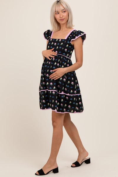 PinkBlush Black Floral Ruffle Strap Maternity Mini Dress