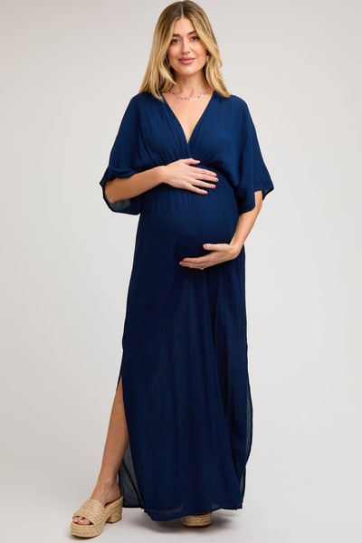 PinkBlush Navy Lightweight Deep V-Neck Maternity Maxi Dress