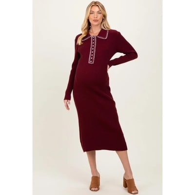 Target Pinkblush Burgundy Contrast Stitch Maternity Midi Sweater Dress Small