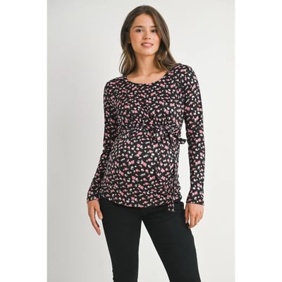 Target Hello Miz Women's Floral Tie Waist Long Sleeve Maternity Top - Black - Medium