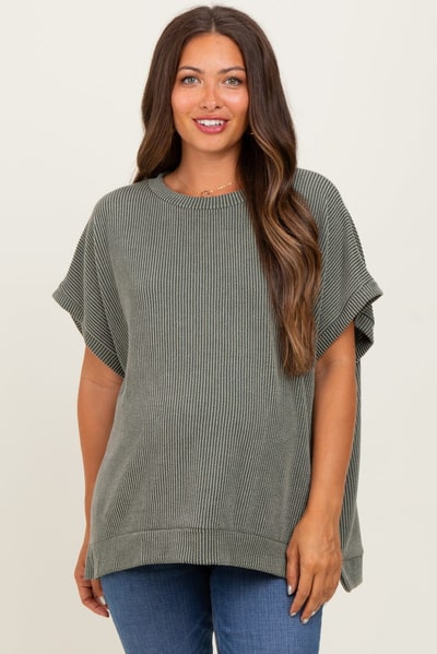 PinkBlush Olive Solid Ribbed Short Sleeve Oversized Maternity Tunic Top