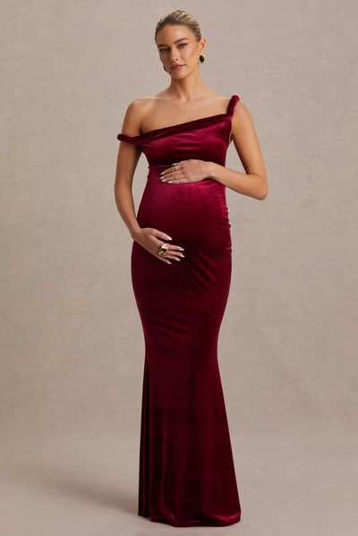 Club L London Tallulah | Burgundy Velvet Asymmetric-Neck Maternity Maxi Dress With Twist-Sleeve