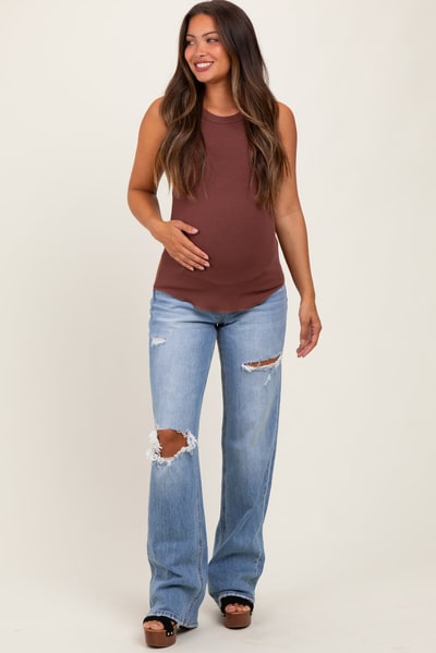 PinkBlush Light Blue Distressed Open Knee Straight Leg Maternity Jeans
