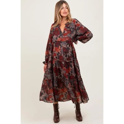 Target Pinkblush Beige Floral Chiffon Ruffle Tiered Maternity Midi Dress Large