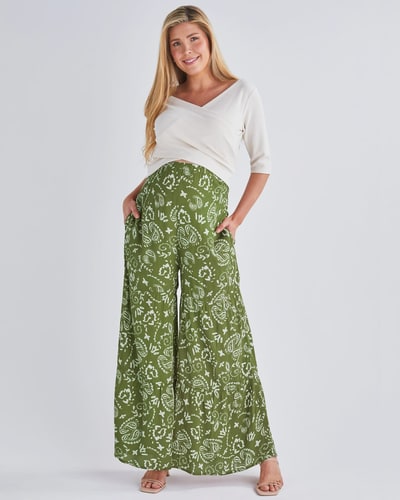 Angel Maternity Stacie Wide Leg Maternity Pants in Green Paisley Print