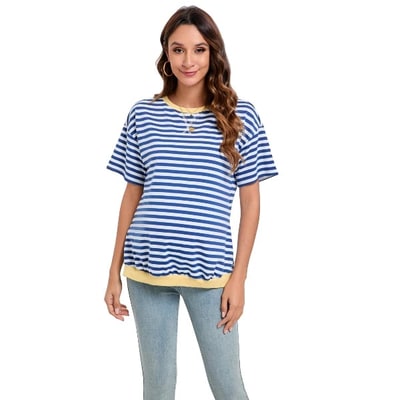 Target Maternity Shirts Women's Casual Floral Print Tops Pregnancy Puff Short Sleeve Striped Ruched Side Tunic Top blue&WhiteXL