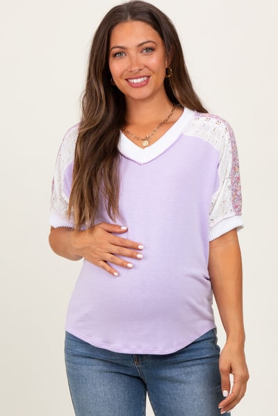 PinkBlush Lavender Floral Lace Inset Short Sleeve Maternity Top