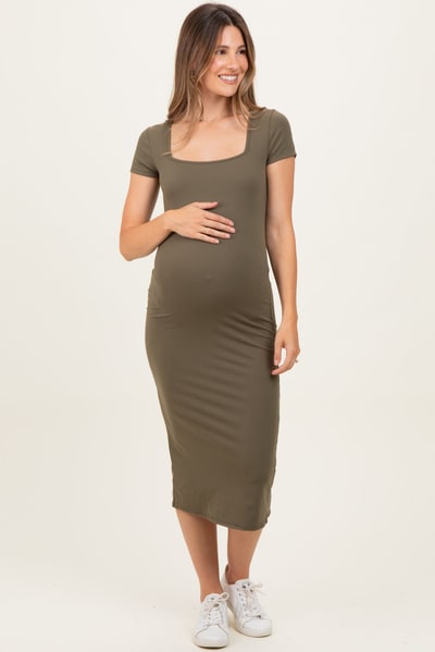 PinkBlush Olive Square Neck Basic Maternity Midi Dress
