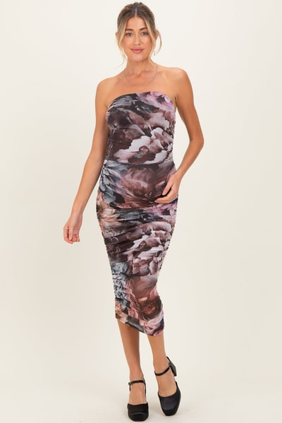 PinkBlush Mauve Floral Mesh Strapless Ruched Maternity Midi Dress