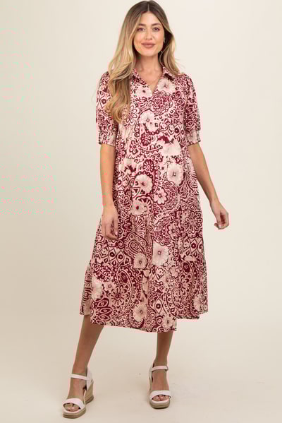 PinkBlush Burgundy Floral Collared Tiered Maternity Midi Dress