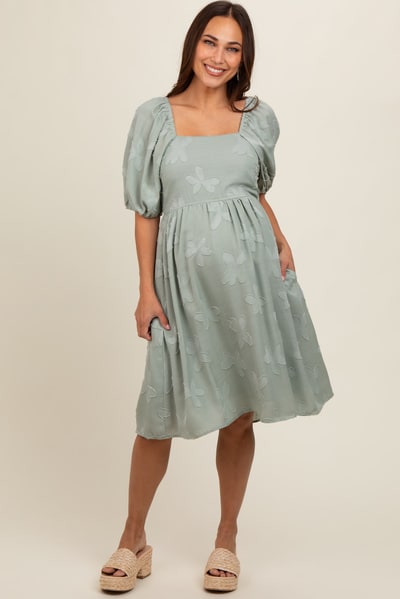 PinkBlush Sage Textured Floral Square Neck Puff Sleeve Maternity Dress