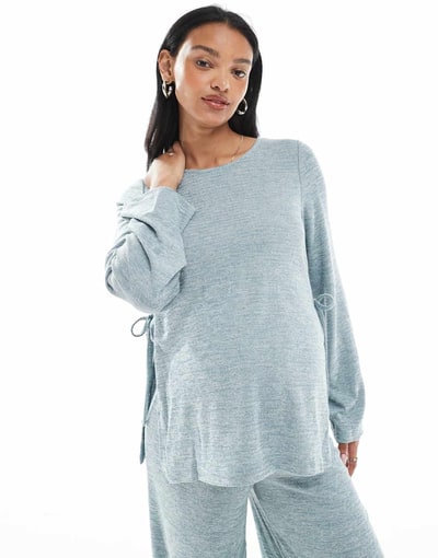 ASOS Mamalicious slubby knit slit side top in heathered pale blue - part of a set