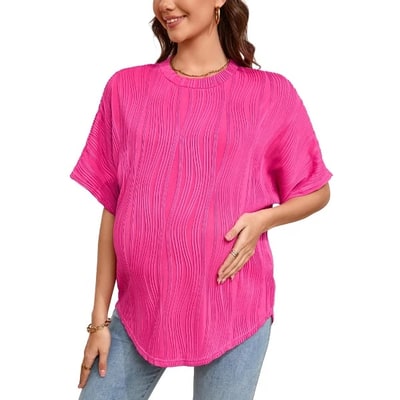Target Womens Loose Fit Maternity Shirts Casual Lightweight Textured Short Sleeve Crew Neck Spring Summer Pregnancy Tops,Rose Red,XL
