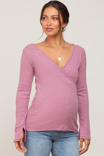 PinkBlush Mauve Ribbed Long Sleeve Wrap Maternity Nursing Top