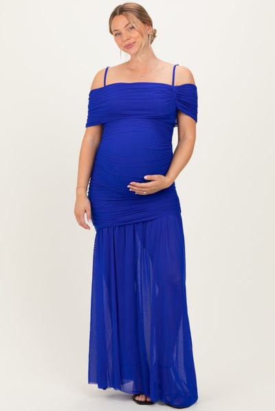 PinkBlush Royal Blue Ruched Mesh Off Shoulder Maternity Maxi Dress