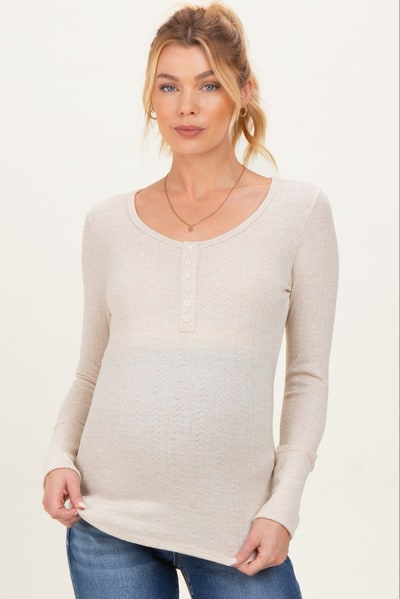 PinkBlush Oatmeal Pointelle Knit Maternity Henley Top