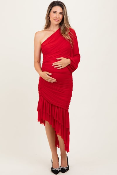 PinkBlush Red Mesh Ruched One Shoulder Asymmetric Maternity Dress