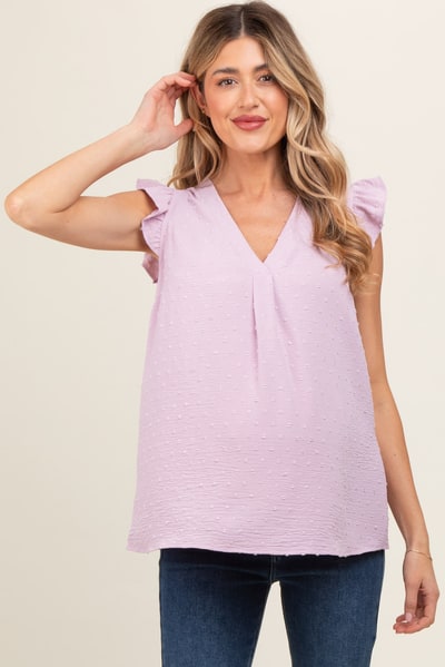 PinkBlush Lavender Swiss Dot Flutter Sleeve V-Neck Maternity Top