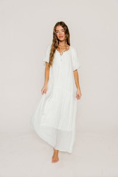 Worth Collective Christina Puffed Sleeve Maxi Dress in Off White - Bump Friendly