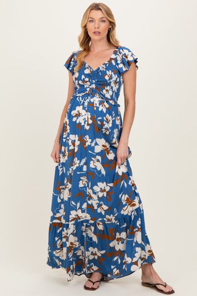 PinkBlush Blue Floral Cinched Smocked Maternity Maxi Dress