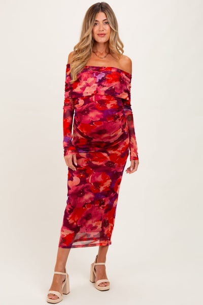 PinkBlush Red Floral Mesh Off Shoulder Long Sleeve Maternity Maxi Dress