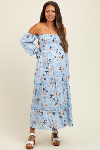 PinkBlush Light Blue Floral Off Shoulder Long Sleeve Maternity Maxi Dress