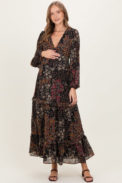 PinkBlush Black Floral Chiffon V-Neck Long Sleeve Maternity Maxi Dress