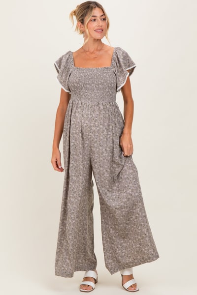 PinkBlush Light Taupe Floral Smocked Lace Trim Wide Leg Maternity Jumpsuit