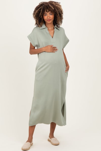 PinkBlush Sage Collared Short Sleeve Maternity Midi Dress
