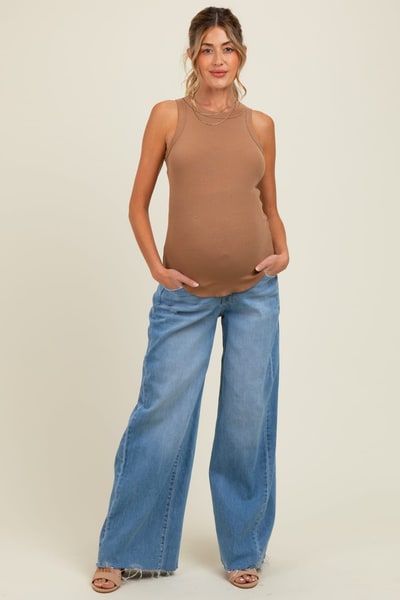 PinkBlush Blue Distressed Hem Super Wide Leg Maternity Jeans