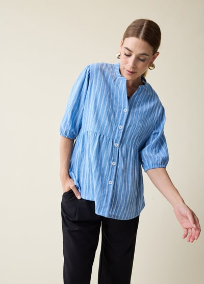 Ingrid & Isabel Maternity + Nursing Peplum Shirt Blue and White Stripe Button Up, Short Sleeve