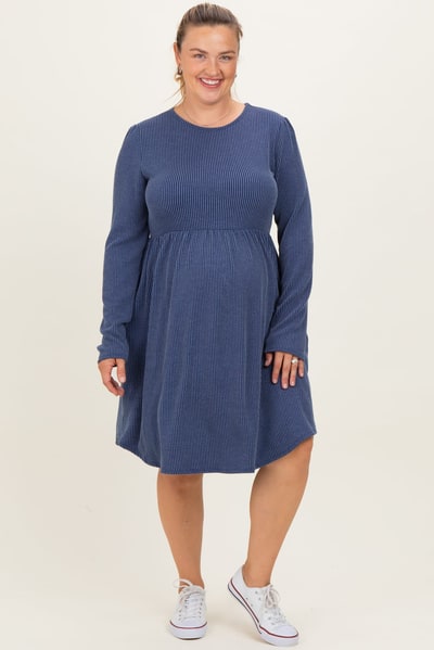 PinkBlush Navy Textured Rib Long Sleeve Maternity Plus Dress