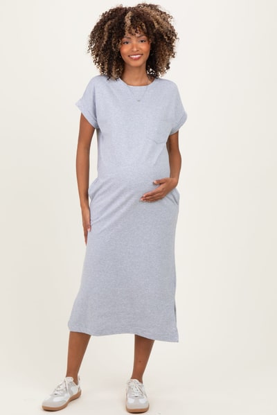 PinkBlush Heather Grey Pocket Front Maternity Midi T-Shirt Dress