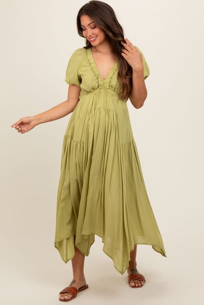 PinkBlush Light Olive Deep V-Neck Puff Short Sleeve Asymmetrical Hem Maternity Midi Dress
