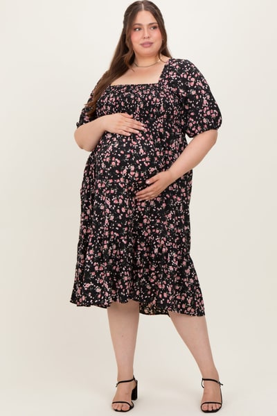 PinkBlush Black Floral Smocked Maternity Plus Midi Dress