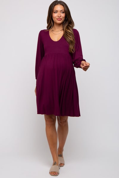 PinkBlush Burgundy Long Puff Sleeve Maternity Dress