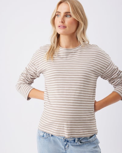 Ripe Maternity Claudette Long Sleeve Nursing Top Taupe / White