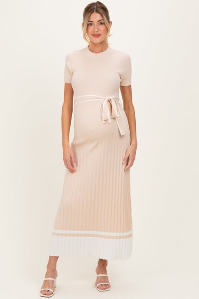 PinkBlush Beige Knit Pleated Sash Tie Maternity Midi Dress