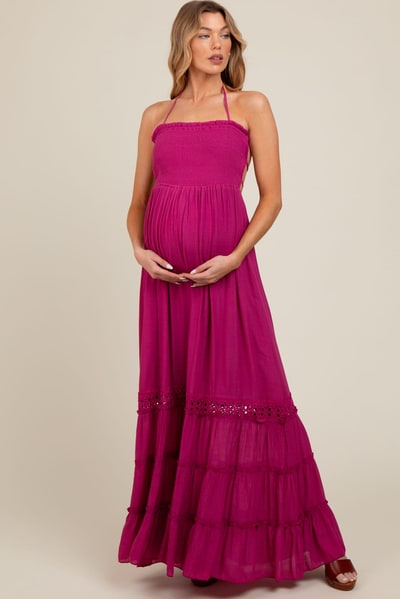 PinkBlush Purple Smocked Open Back Maternity Maxi Dress