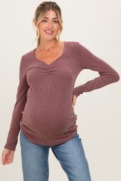 PinkBlush Mauve Sweetheart Ribbed Maternity Long Sleeve Top