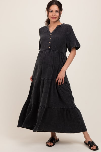 PinkBlush Black Button Front Tiered Maternity Maxi Dress