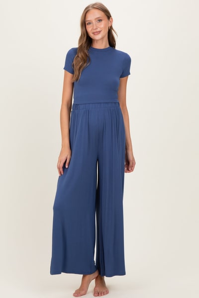 PinkBlush Light Navy Short Sleeve Crop Top Wide Leg Pant Maternity Set