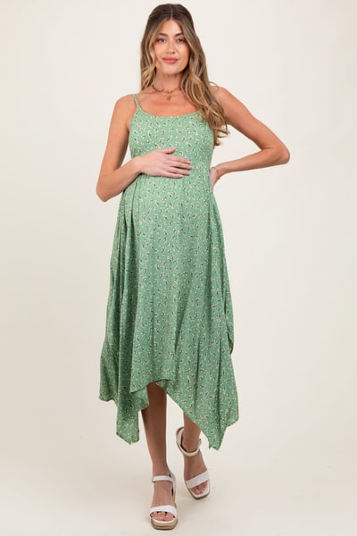PinkBlush Light Olive Floral Handkerchief Hem Maternity Midi Dress